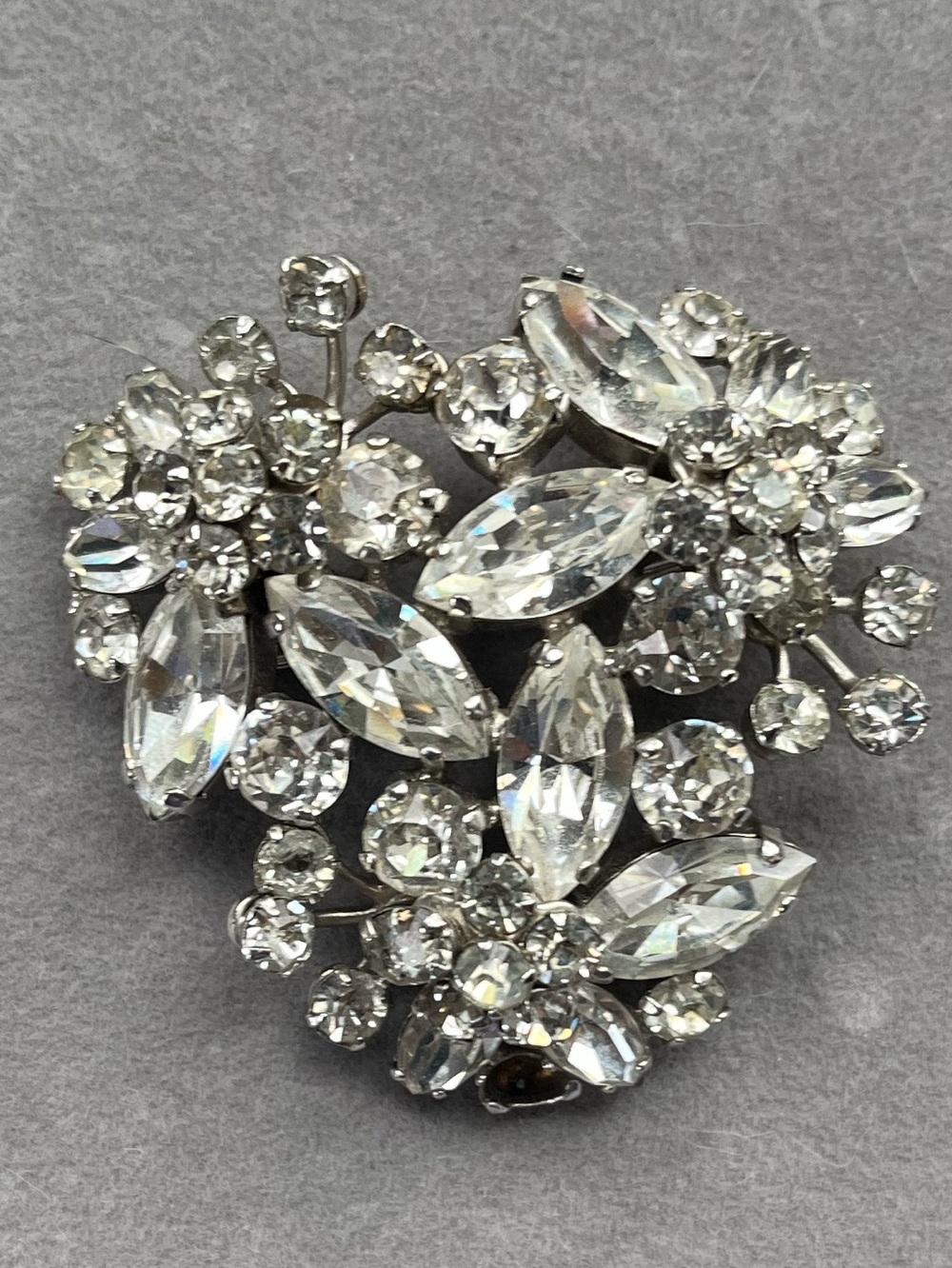 Signed Sherman Clear Rhinestone Floral Cluster Brooch Vintage